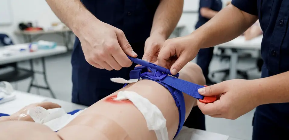 Εφαρμογή tourniquet στο πόδι κούκλας εκπαίδευσης, με wound packing στο τραύμα